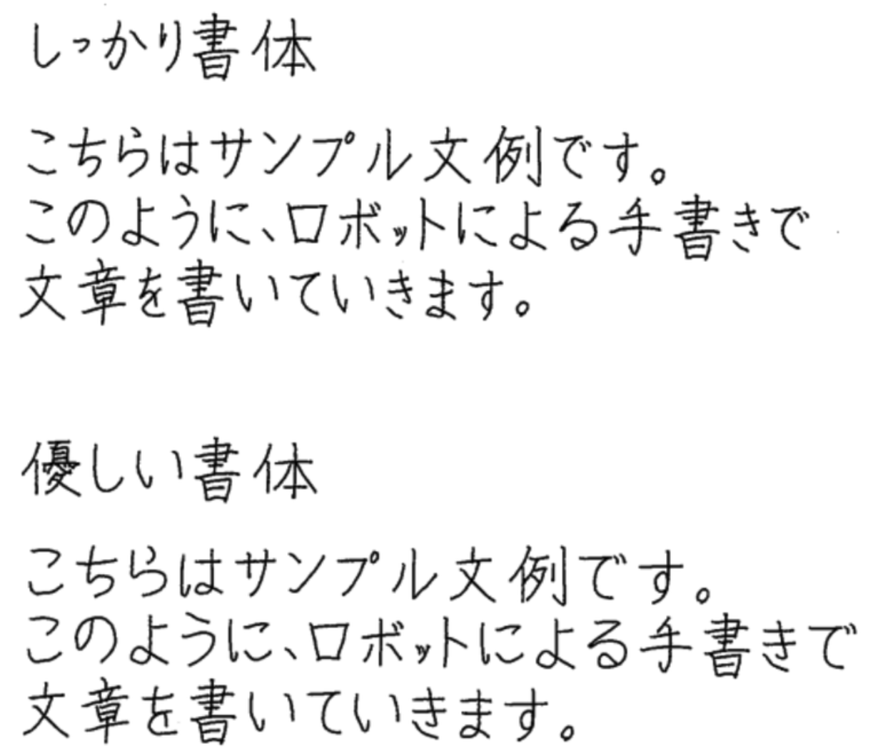 ロボットが実際に書いた手書き文面のサンプル（しっかり書体・優しい書体）