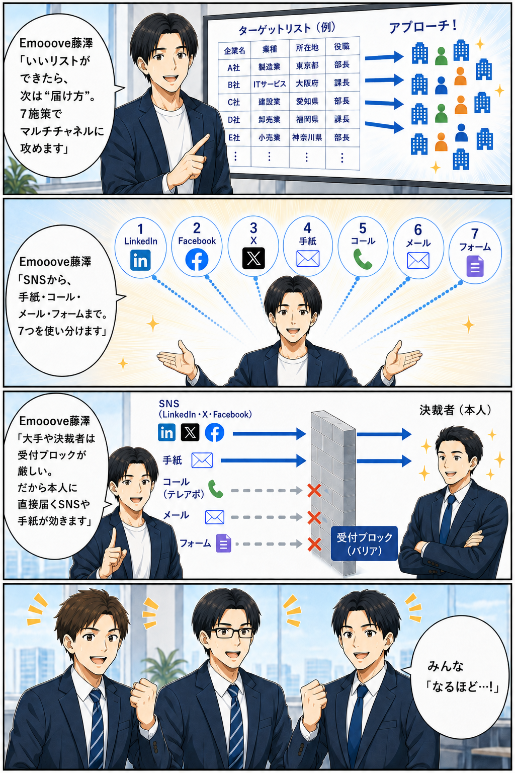 ターゲットリストへLinkedIn・Facebook・X・手紙・コール・メール・フォームの7施策でマルチチャネルにアプローチ。受付ブロックを越えてSNSや手紙が決裁者本人へ直接届く