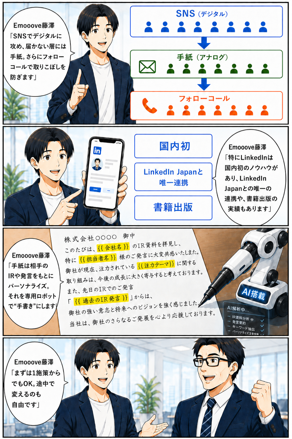SNS・手紙・フォローコールの組み合わせ。LinkedInと手紙を得意分野に、届きにくい決裁者へ直接届ける