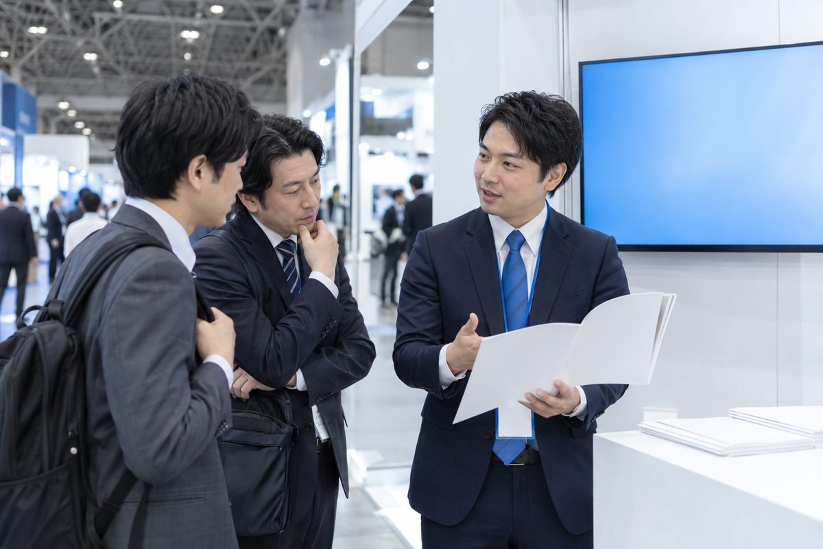 展示会のブースで来場者と話す営業担当者