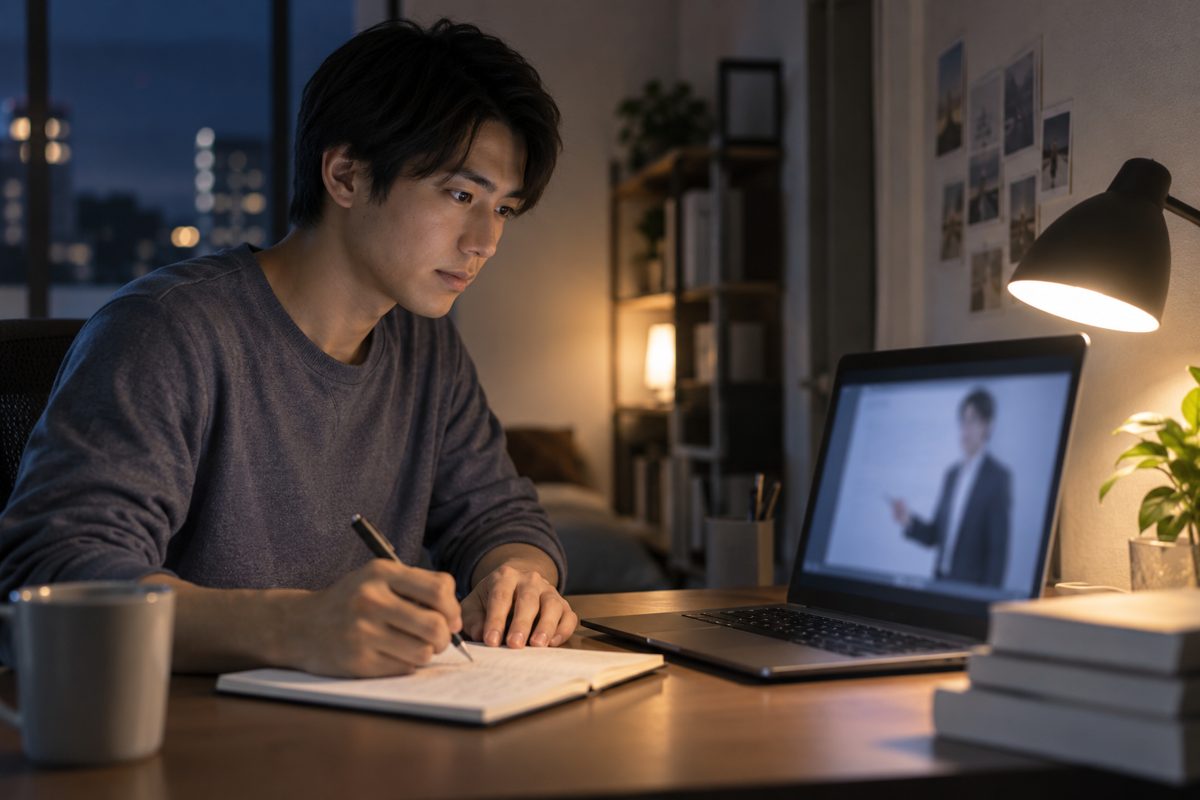 自宅で営業の動画教材を見る様子